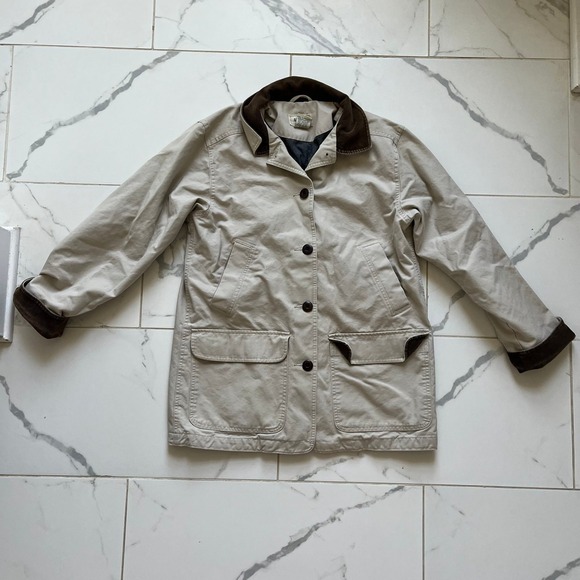 L.L. Bean Jackets & Blazers - L.L.Bean khaki cotton canvas barn chore jacket brown corduroy collar sz Small